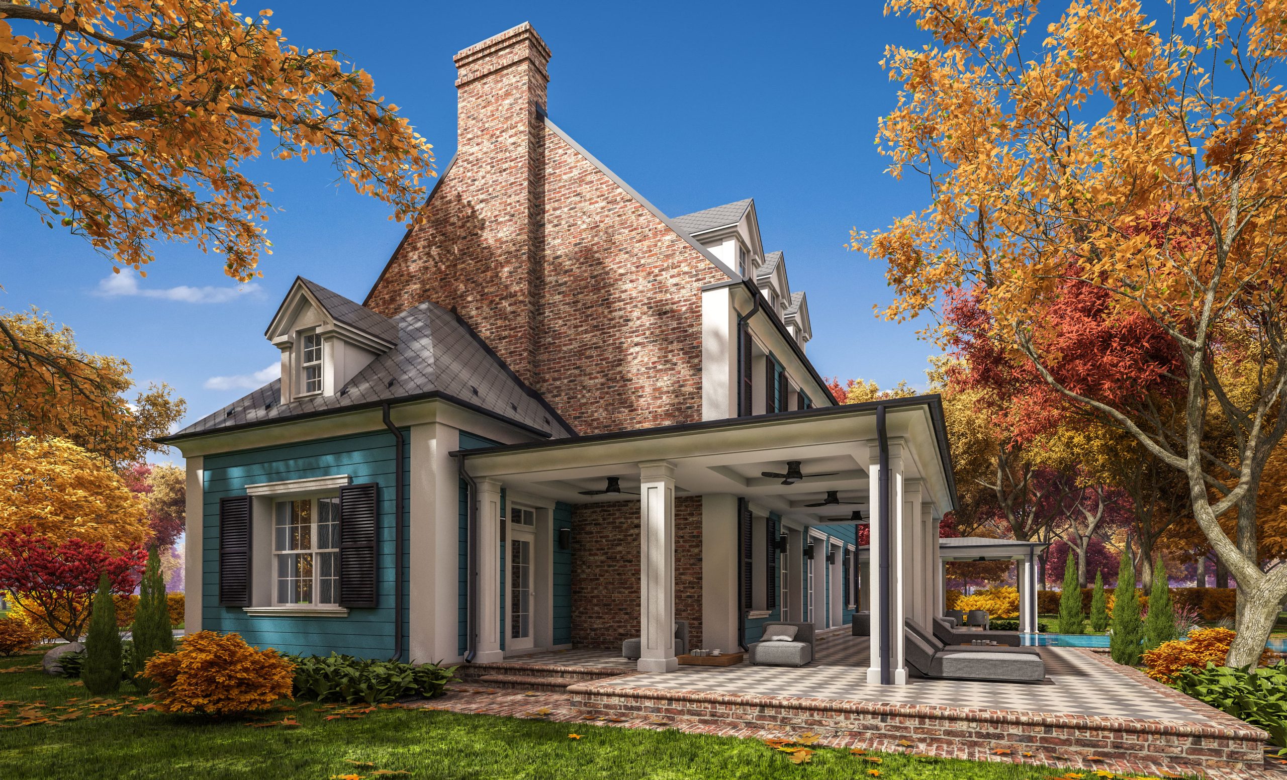 3d rendering of modern classic house in colonial style in autumn